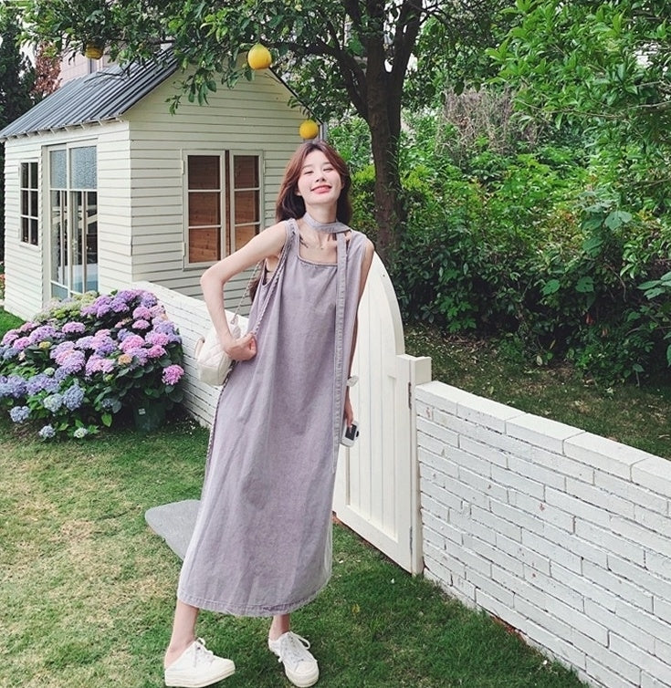 Purple Denim Sleeveless Maxi Dress Elegant Summer Style