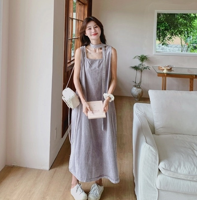 Purple Denim Sleeveless Maxi Dress Elegant Summer Style