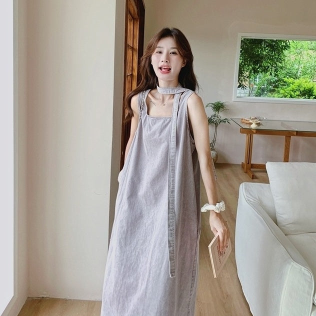 Purple Denim Sleeveless Maxi Dress Elegant Summer Style