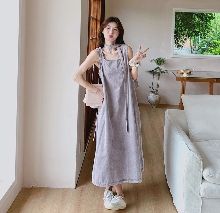 Purple Denim Sleeveless Maxi Dress Elegant Summer Style