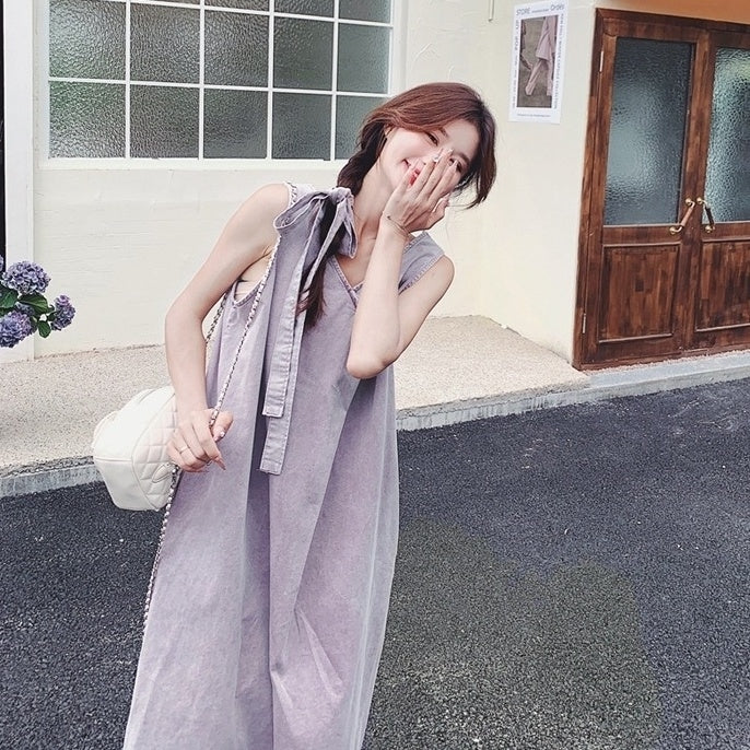 Purple Denim Sleeveless Maxi Dress Elegant Summer Style
