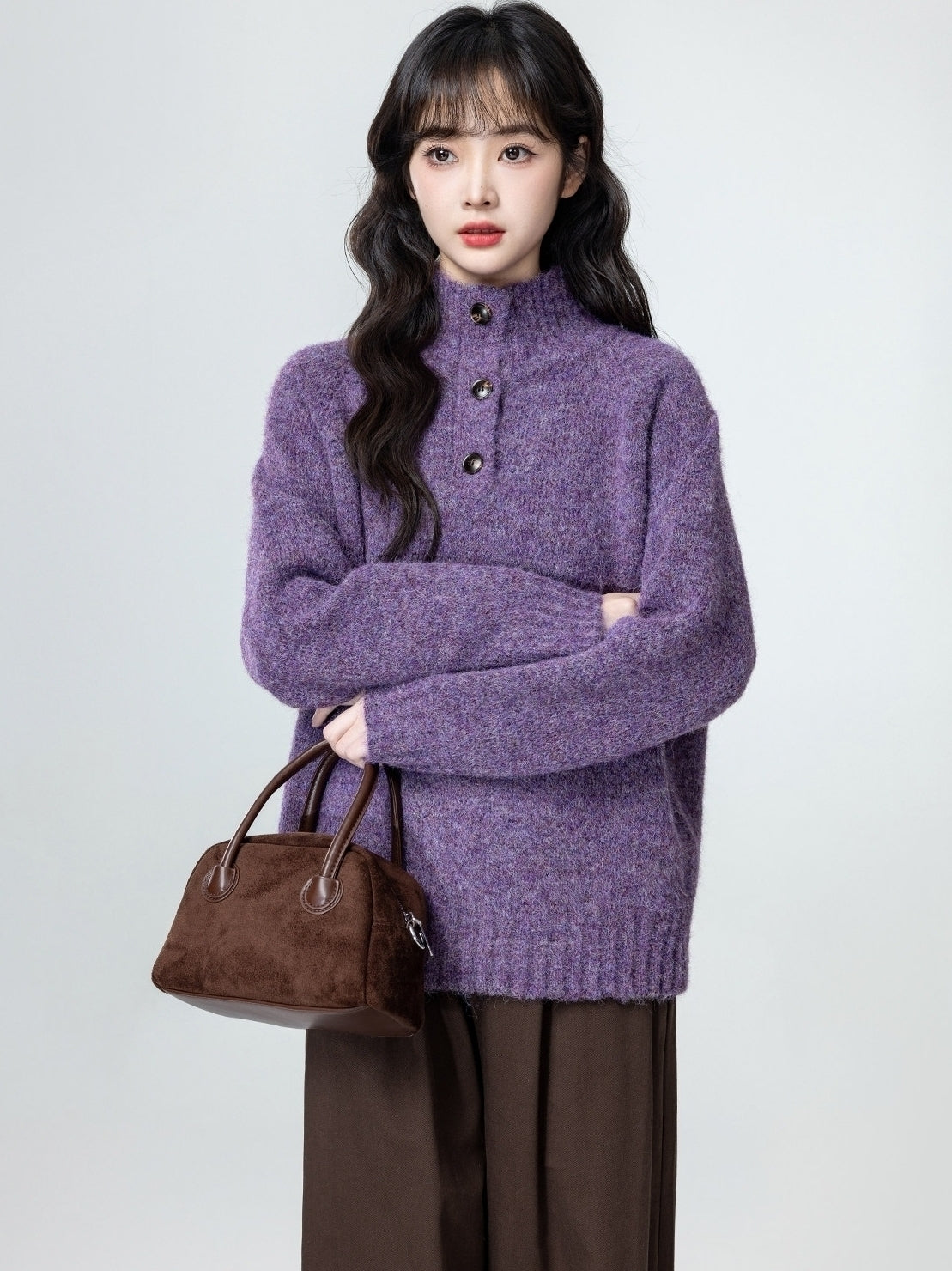 Purple Mock Neck Cozy Oversized Sweater Top