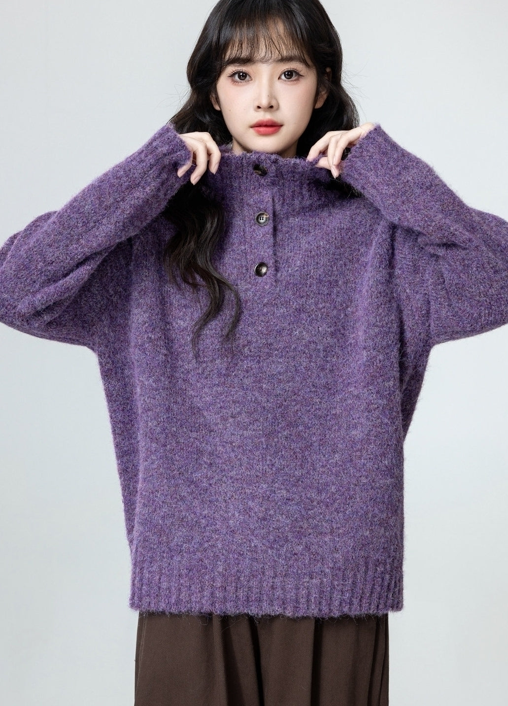 Purple Mock Neck Cozy Oversized Sweater Top
