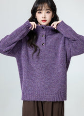 Purple Mock Neck Cozy Oversized Sweater Top