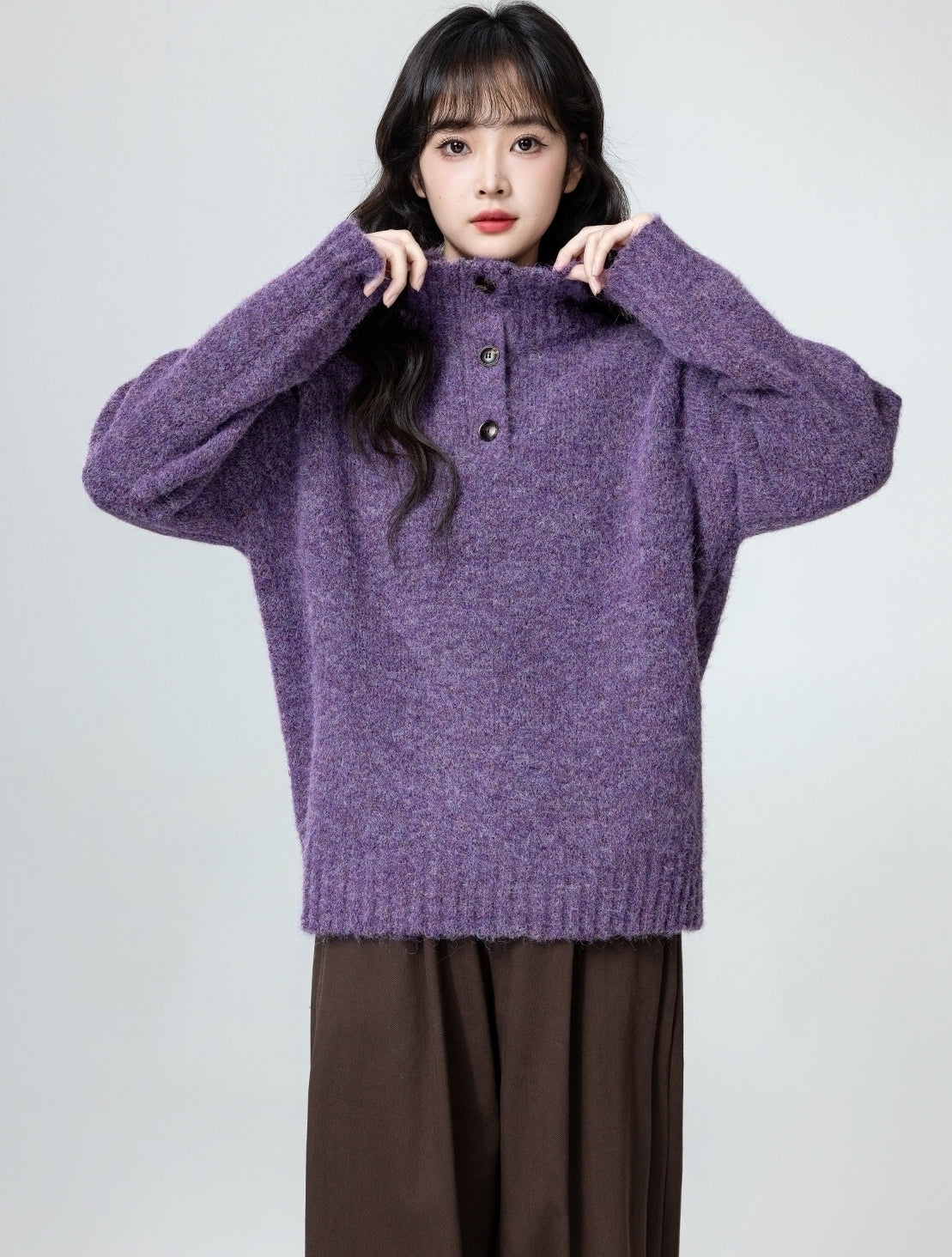 Purple Mock Neck Cozy Oversized Sweater Top