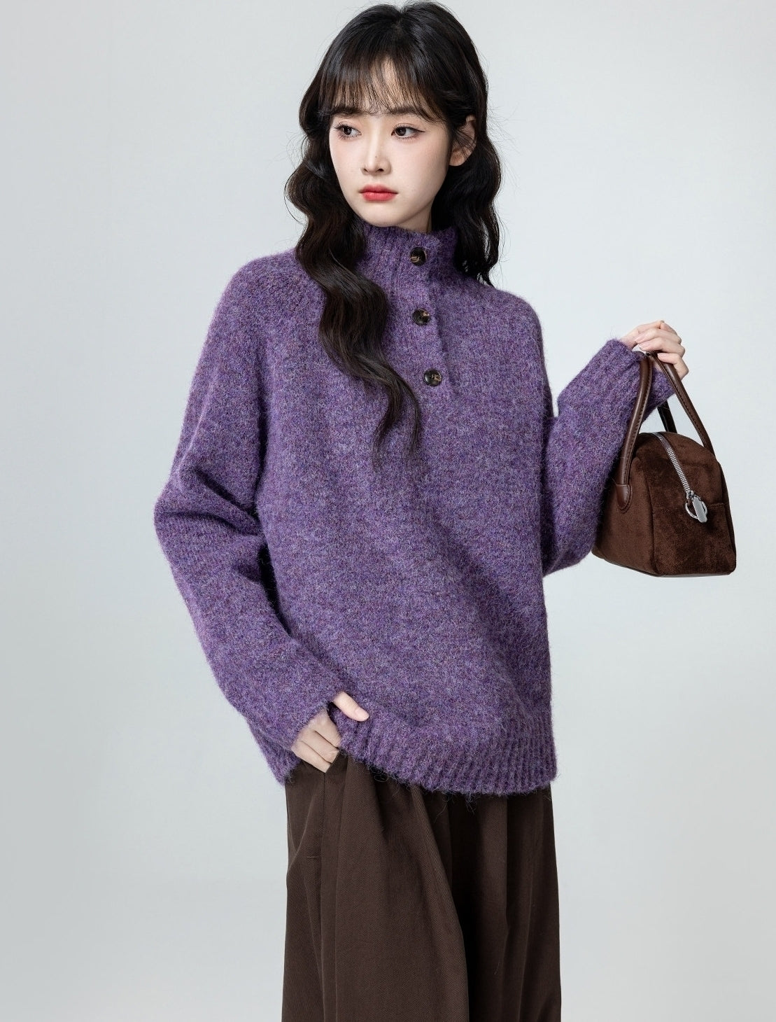 Purple Mock Neck Cozy Oversized Sweater Top