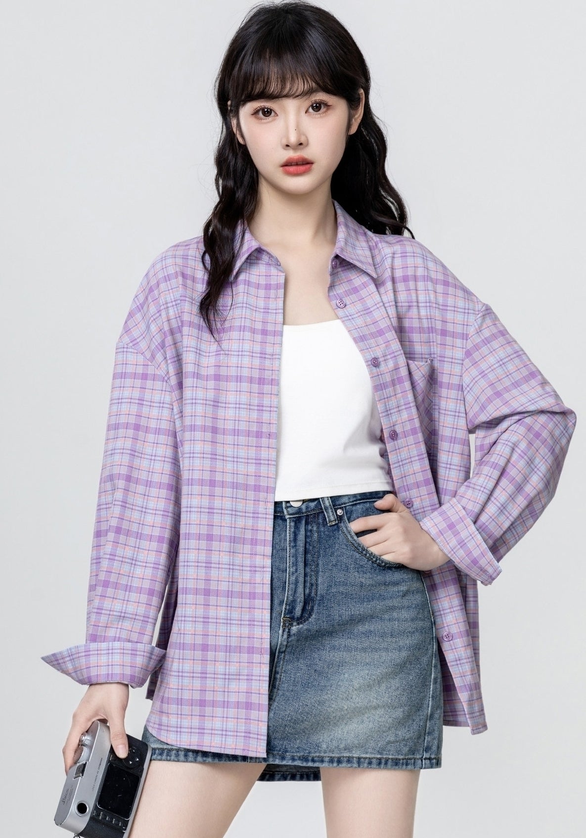 Purple Plaid Long Sleeve Polo Collar Shirt Jacket