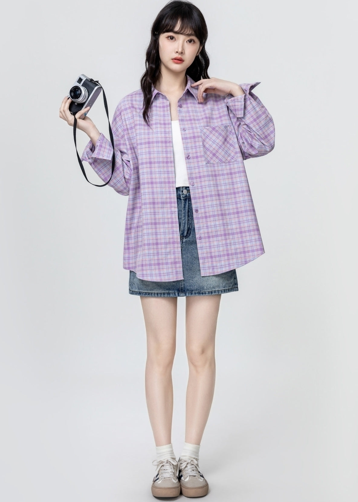 Purple Plaid Long Sleeve Polo Collar Shirt Jacket