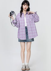 Purple Plaid Long Sleeve Polo Collar Shirt Jacket