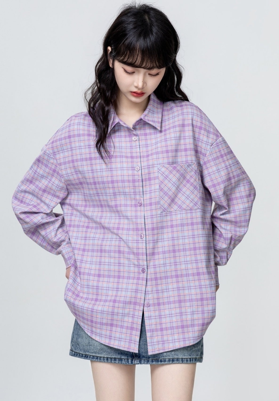 Purple Plaid Long Sleeve Polo Collar Shirt Jacket