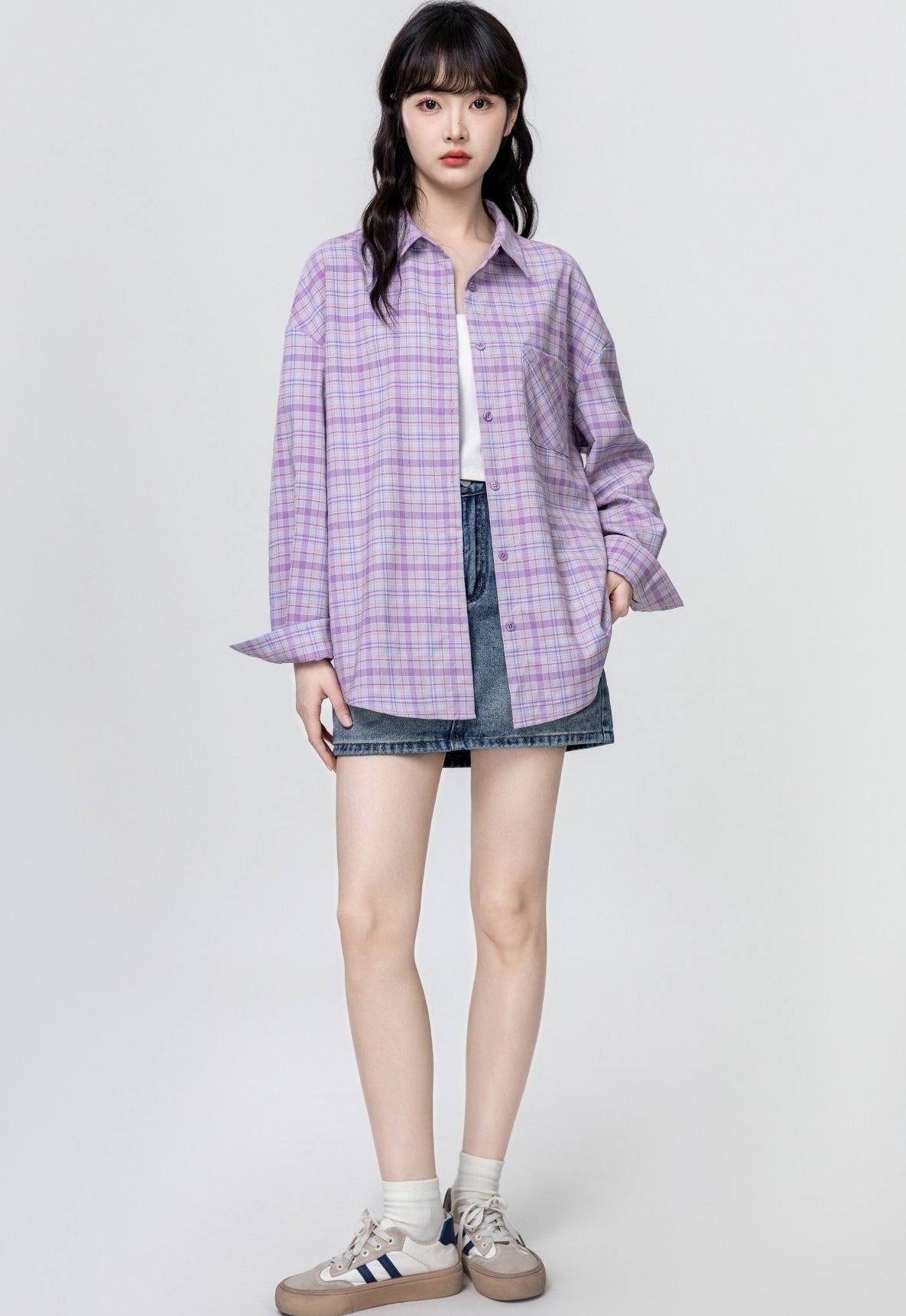 Purple Plaid Long Sleeve Polo Collar Shirt Jacket