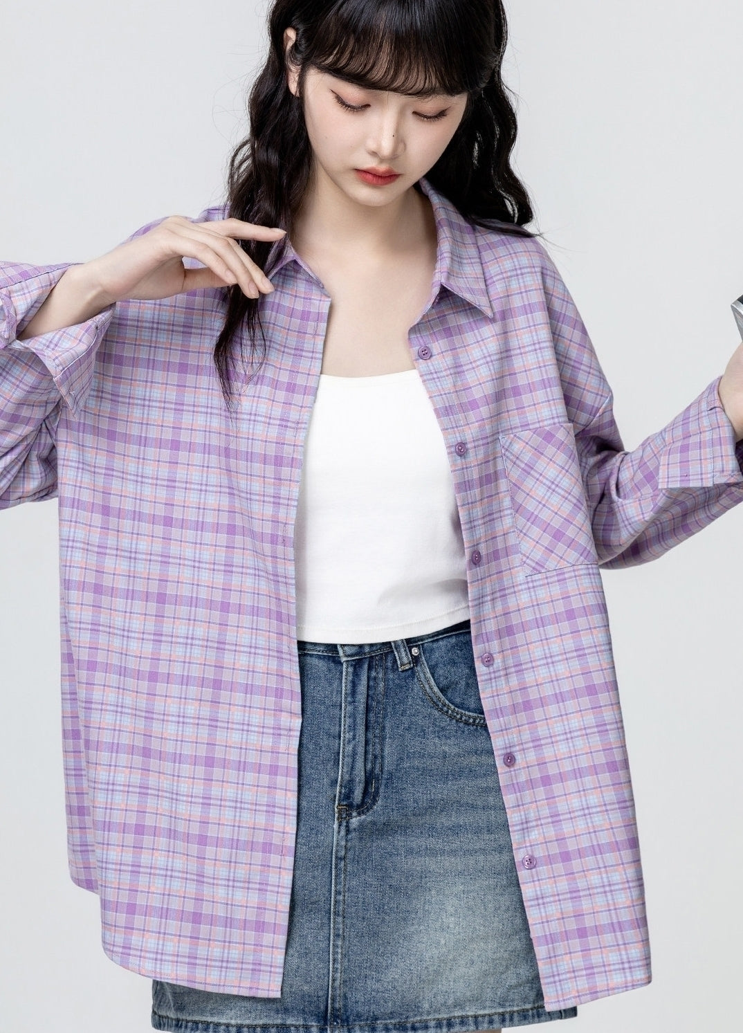 Purple Plaid Long Sleeve Polo Collar Shirt Jacket