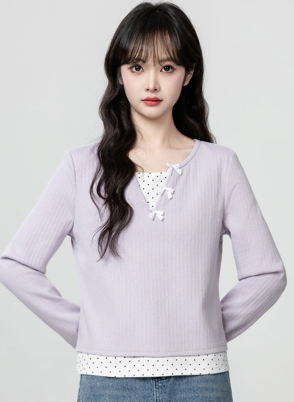 Purple Polka Dot Layered Long Sleeve Crop Top