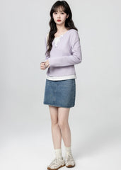 Purple Polka Dot Layered Long Sleeve Crop Top