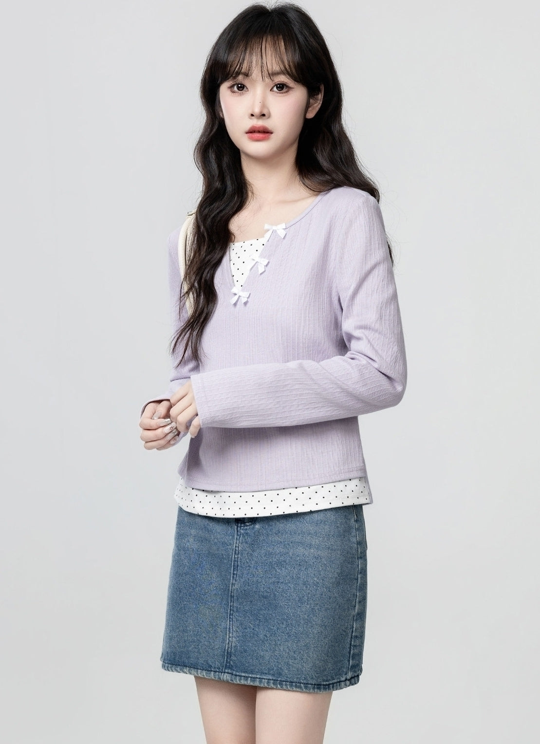 Purple Polka Dot Layered Long Sleeve Crop Top