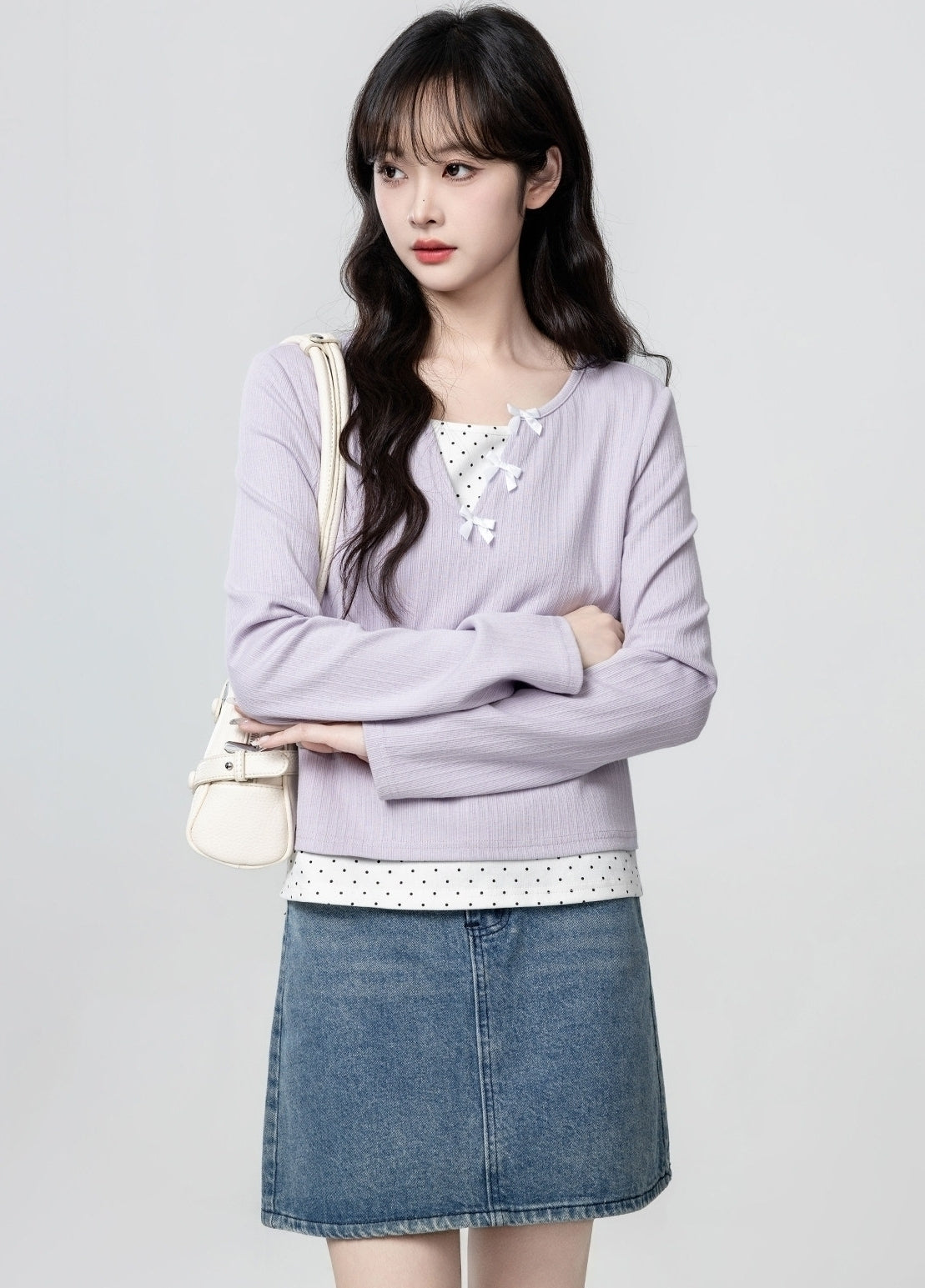 Purple Polka Dot Layered Long Sleeve Crop Top