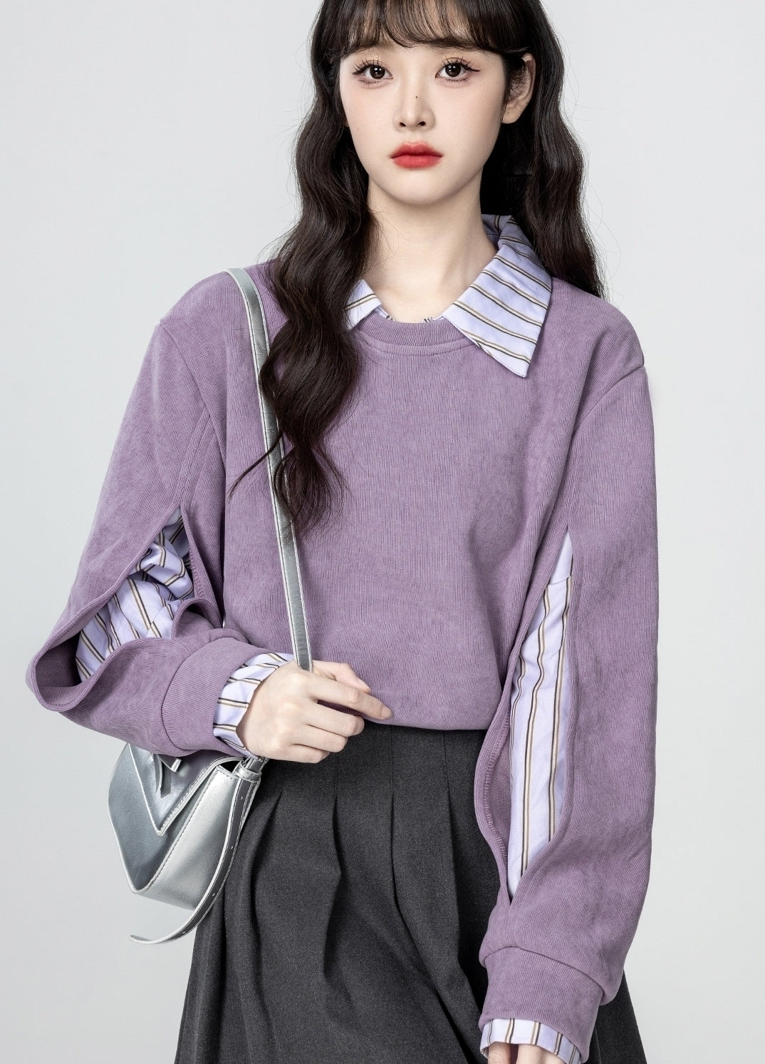 Purple Polo Collar Sweatshirt With Layered Shirt Design