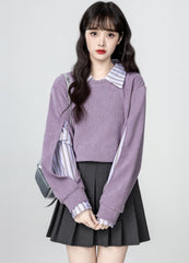 Purple Polo Collar Sweatshirt With Layered Shirt Design