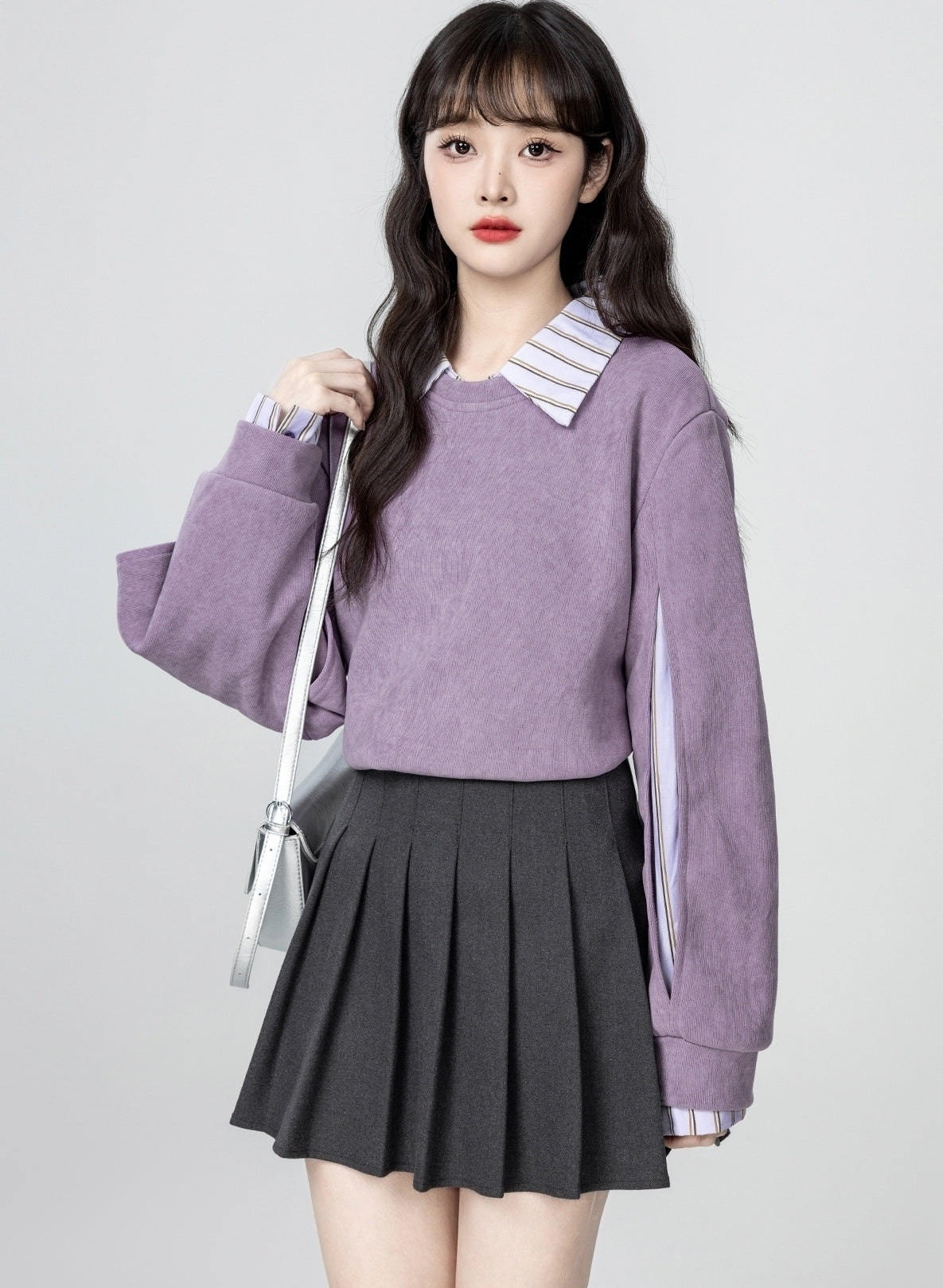 Purple Polo Collar Sweatshirt With Layered Shirt Design