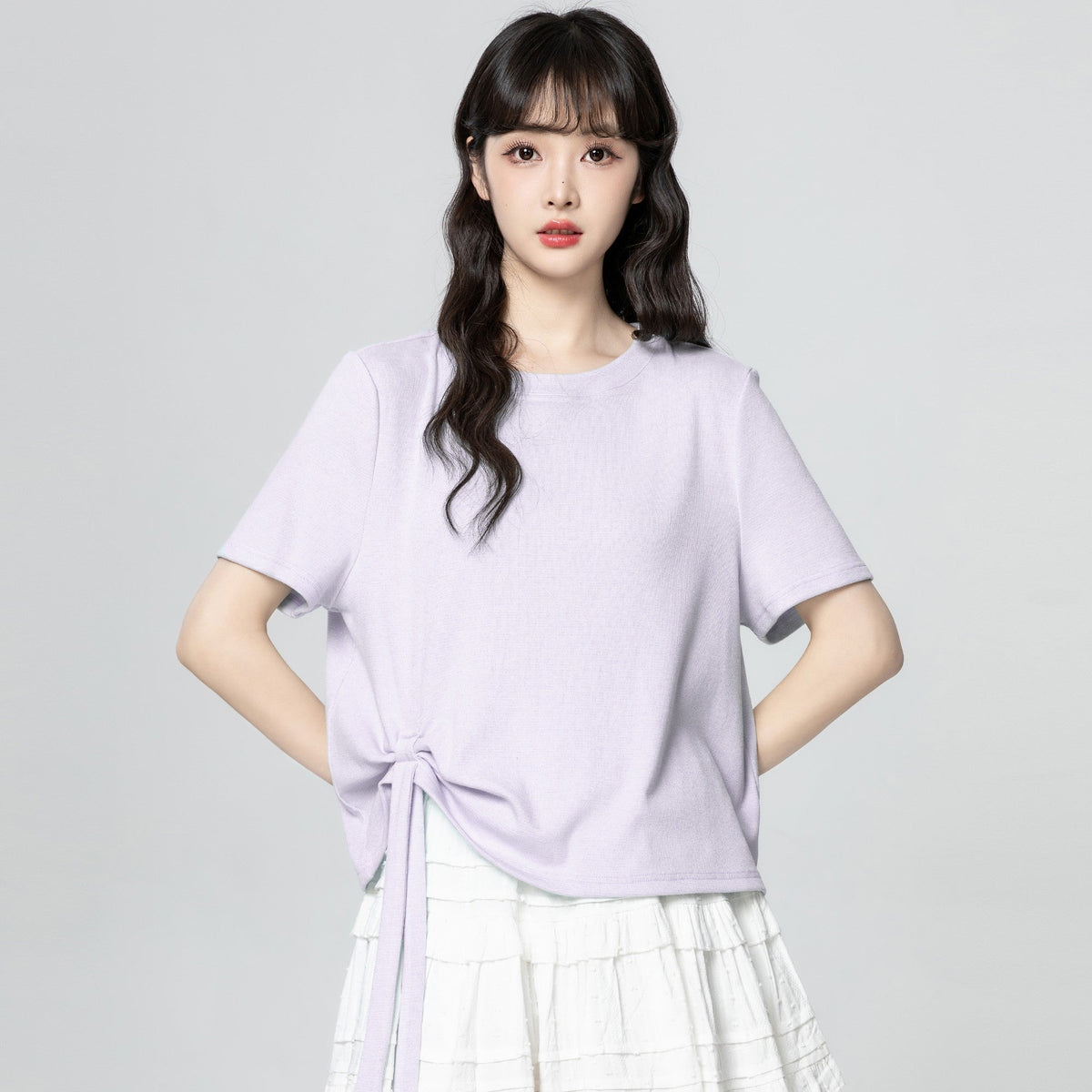 Purple Ruched Drawstring Irregular Hem Short Sleeve Top