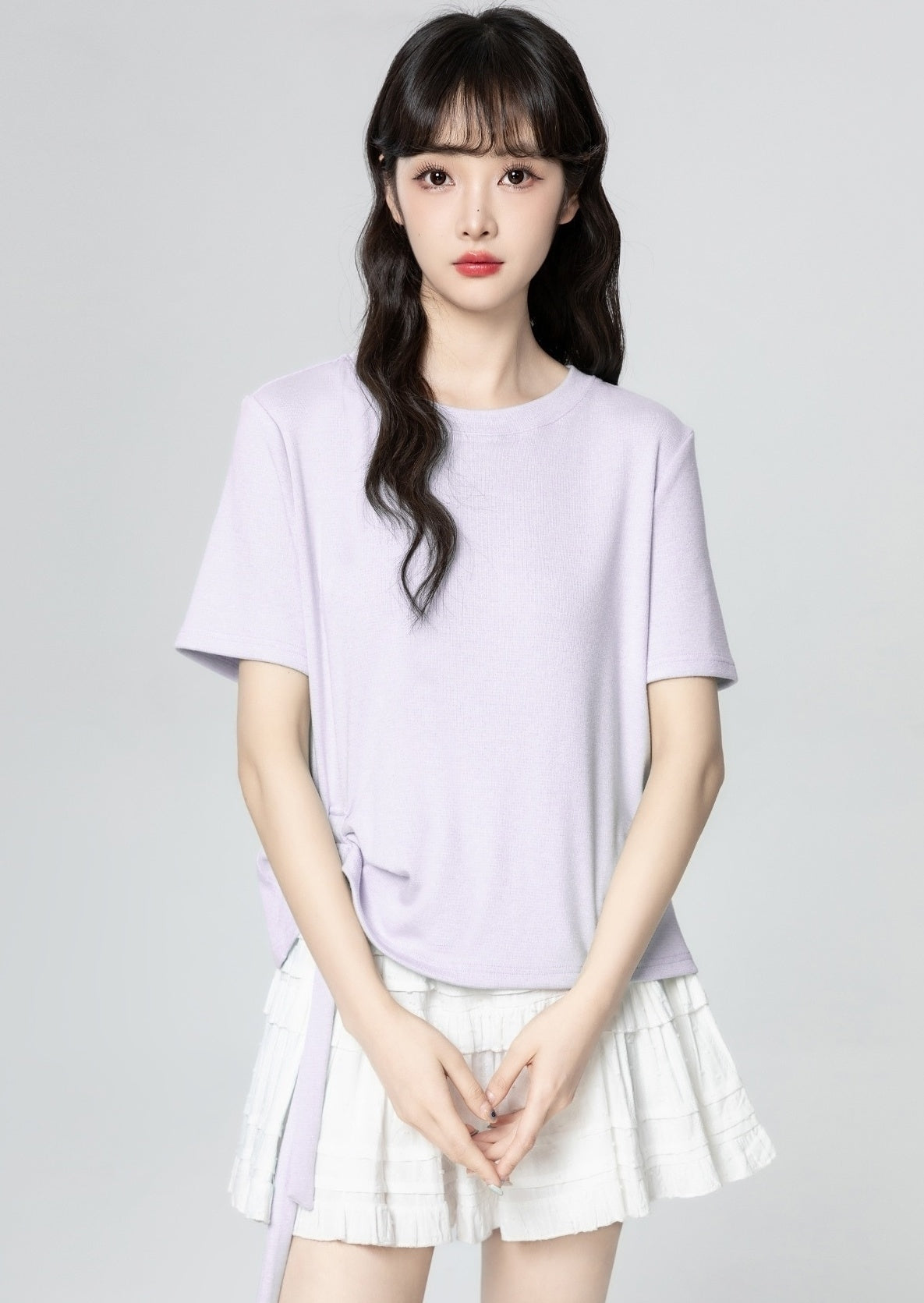 Purple Ruched Drawstring Irregular Hem Short Sleeve Top