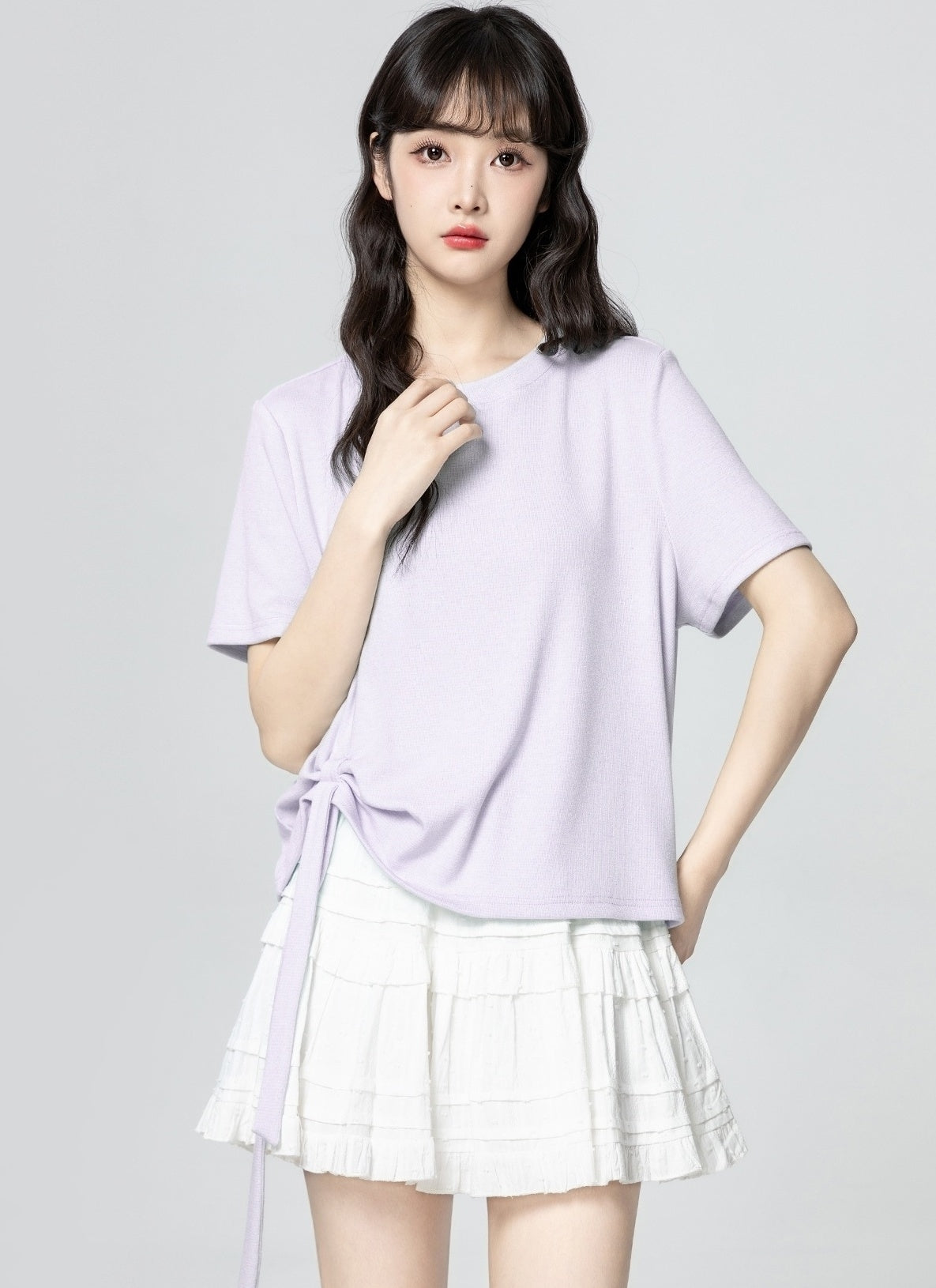 Purple Ruched Drawstring Irregular Hem Short Sleeve Top