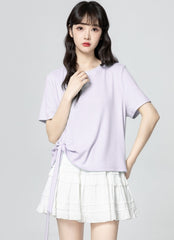 Purple Ruched Drawstring Irregular Hem Short Sleeve Top
