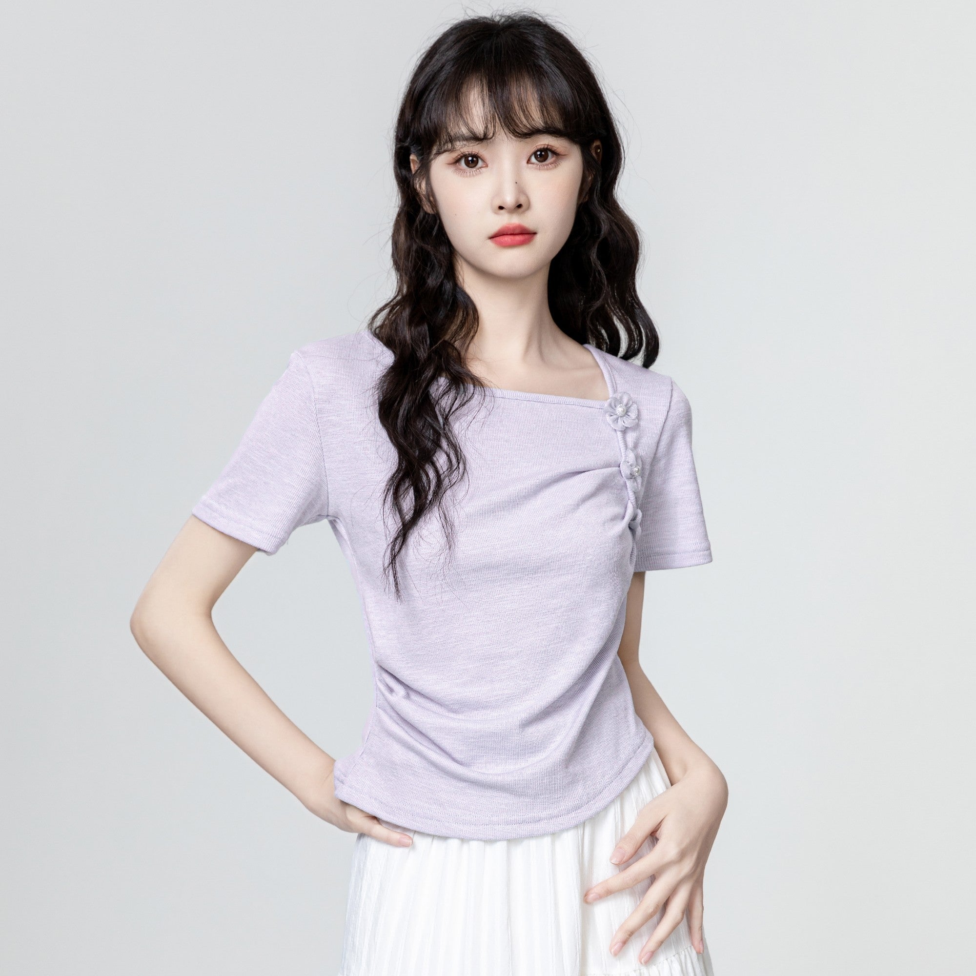 Purple Ruched Floral Design Short Sleeve Top