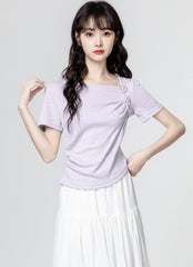 Purple Ruched Floral Design Short Sleeve Top