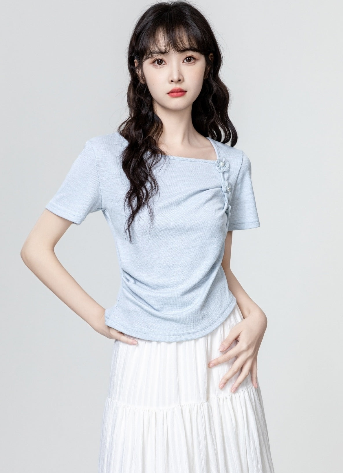 Purple Ruched Floral Design Short Sleeve Top