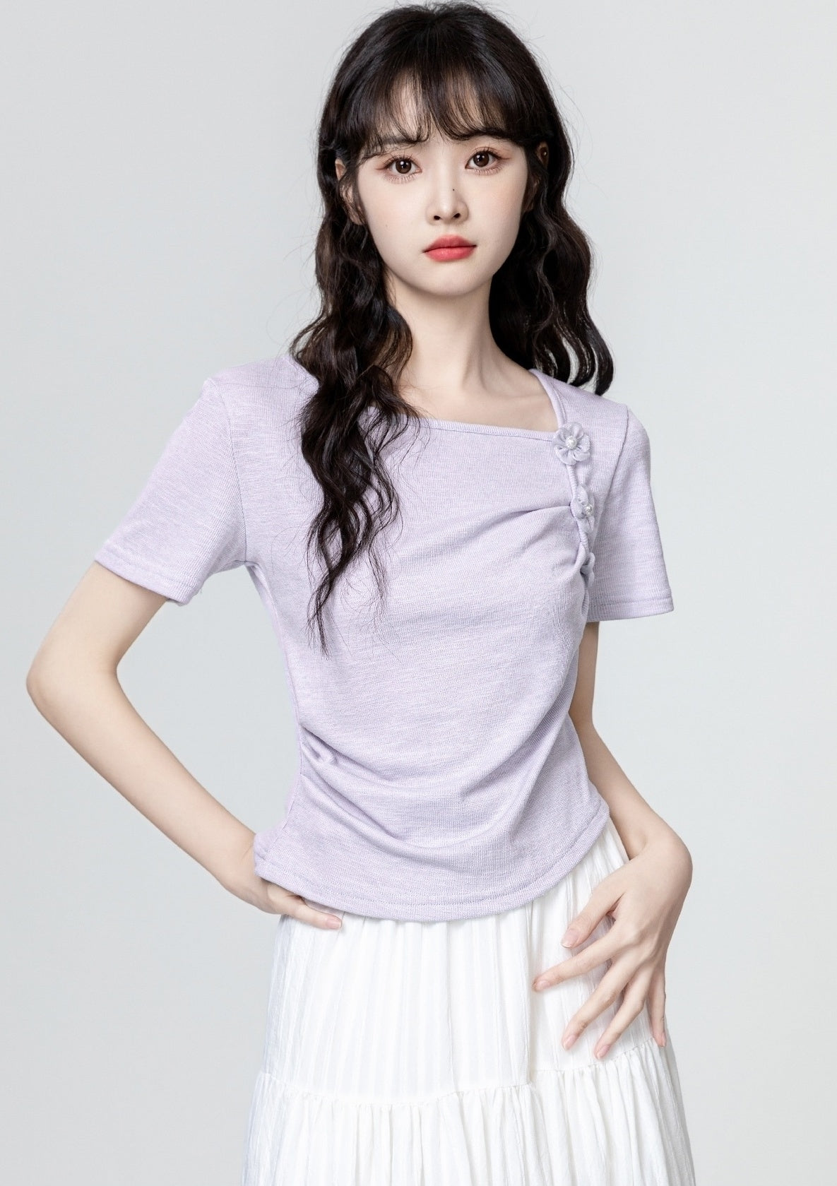 Purple Ruched Floral Design Short Sleeve Top