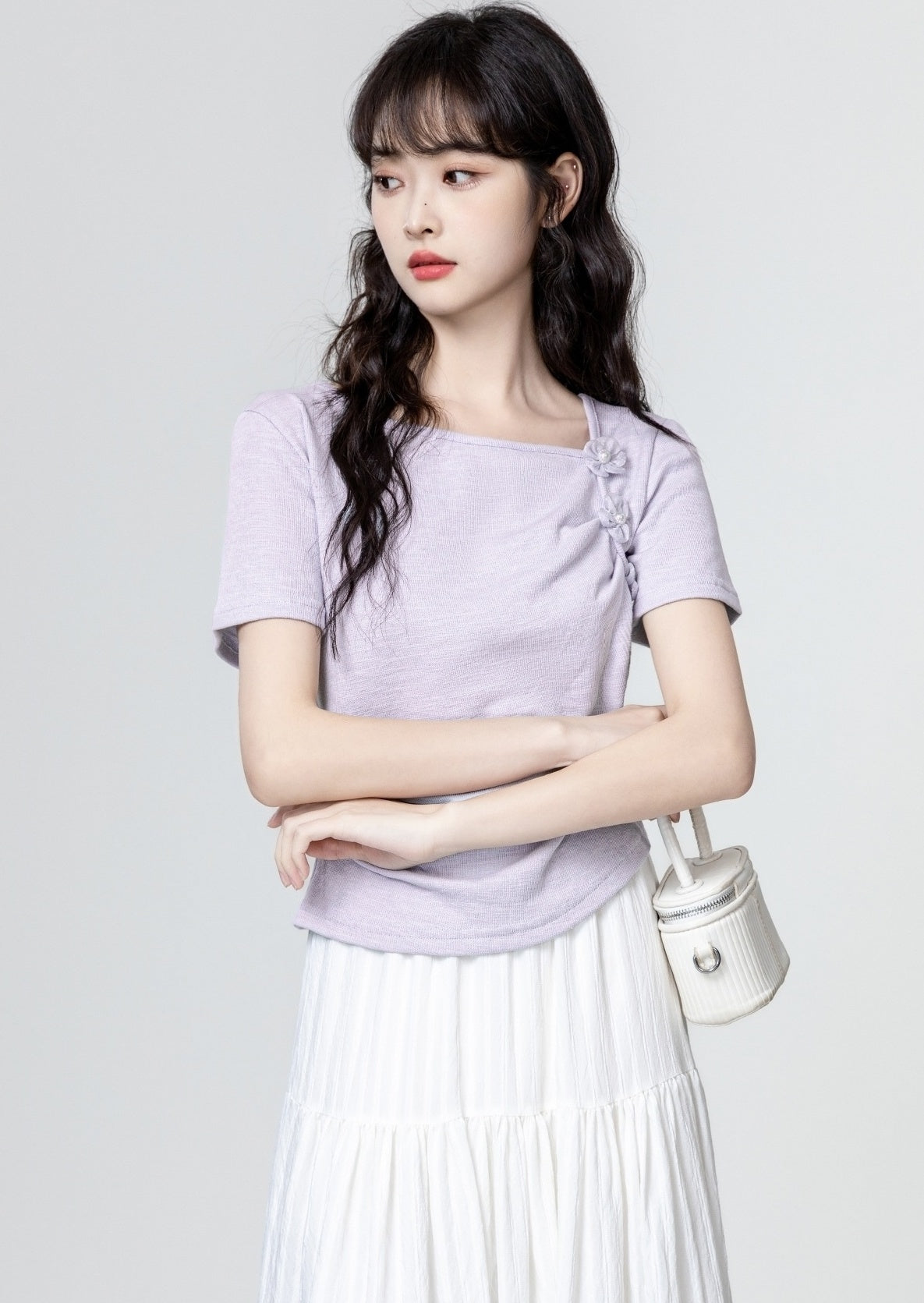 Purple Ruched Floral Design Short Sleeve Top