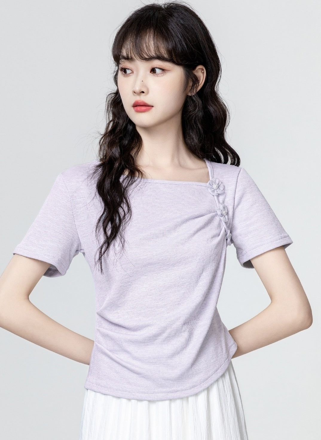 Purple Ruched Floral Design Short Sleeve Top