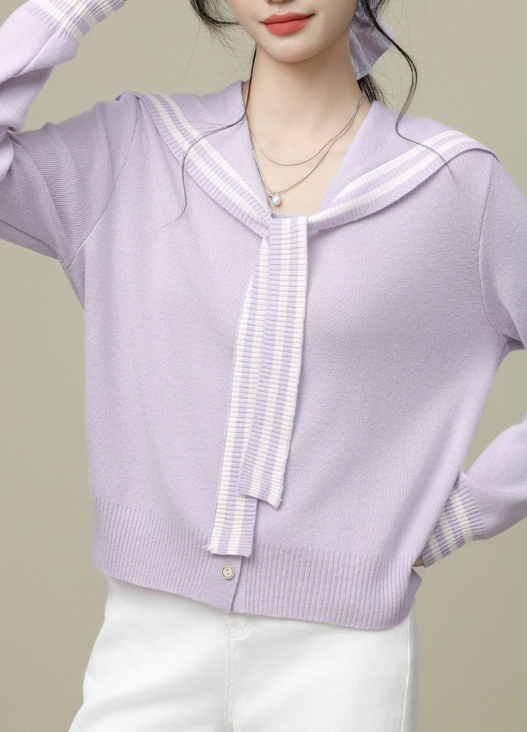 Purple Sailor Collar Tie Colorblock V Neck Cardigan