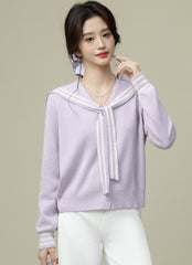Purple Sailor Collar Tie Colorblock V Neck Cardigan