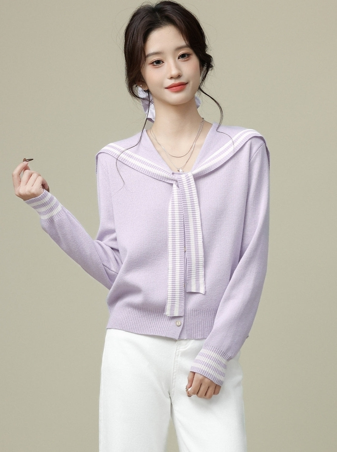 Purple Sailor Collar Tie Colorblock V Neck Cardigan