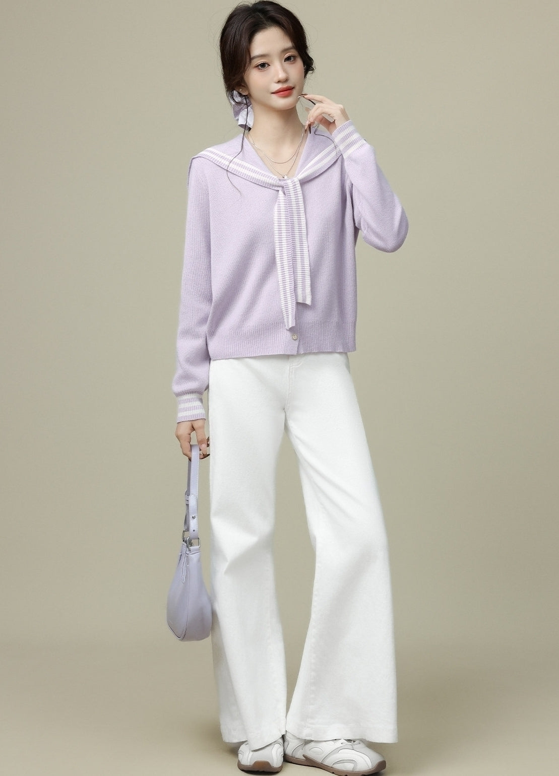 Purple Sailor Collar Tie Colorblock V Neck Cardigan