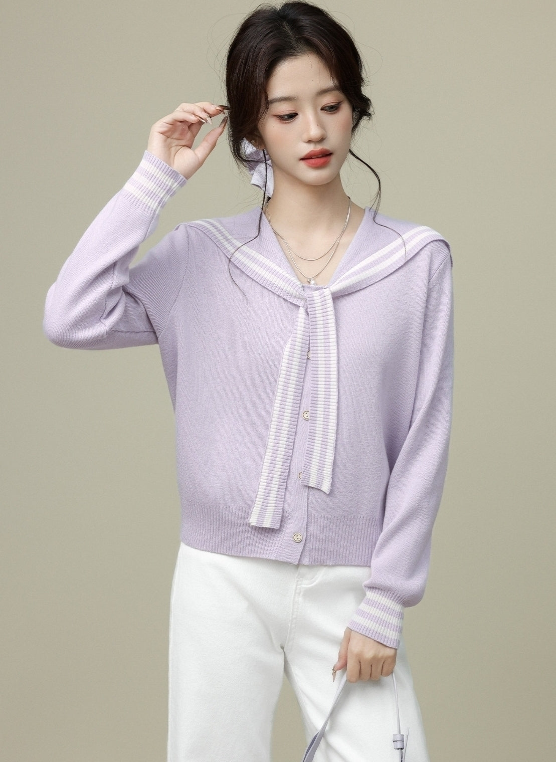 Purple Sailor Collar Tie Colorblock V Neck Cardigan