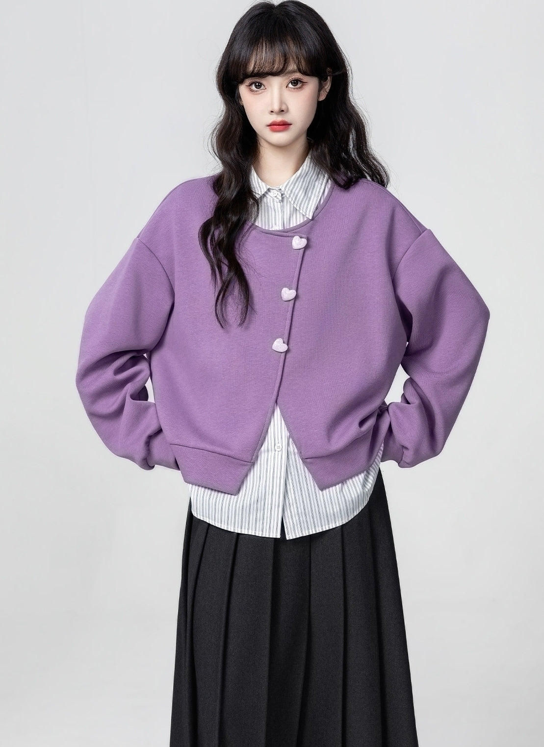 Purple Striped Collar Pullover Sweatshirt Top