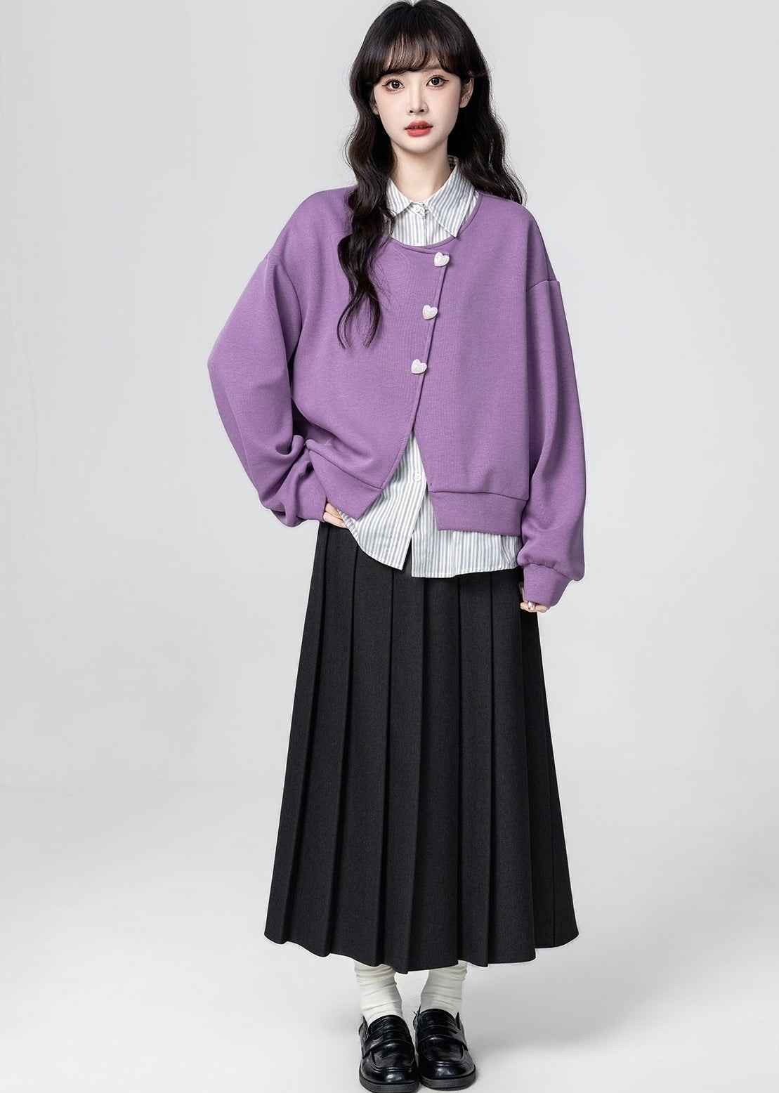 Purple Striped Collar Pullover Sweatshirt Top