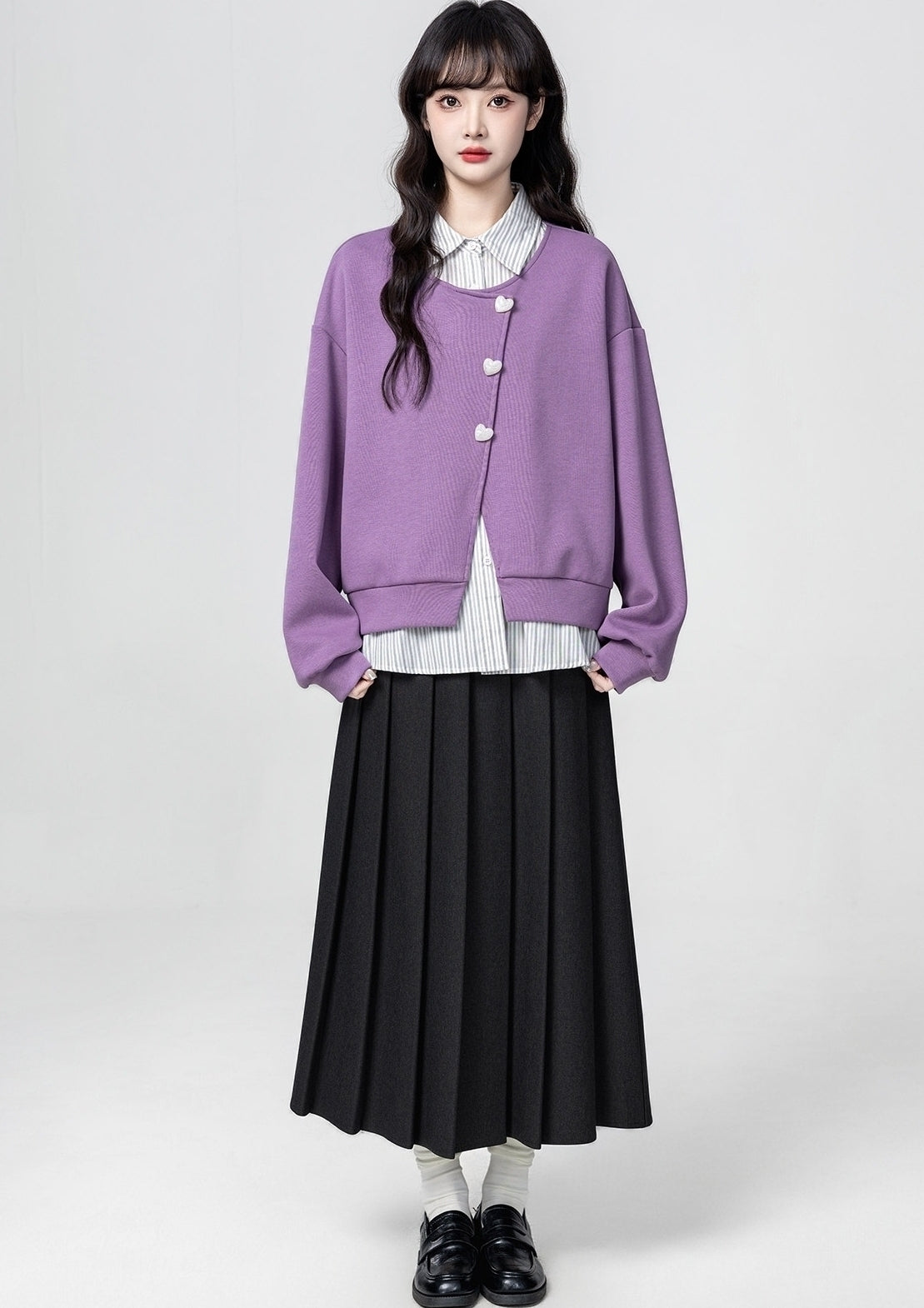 Purple Striped Collar Pullover Sweatshirt Top