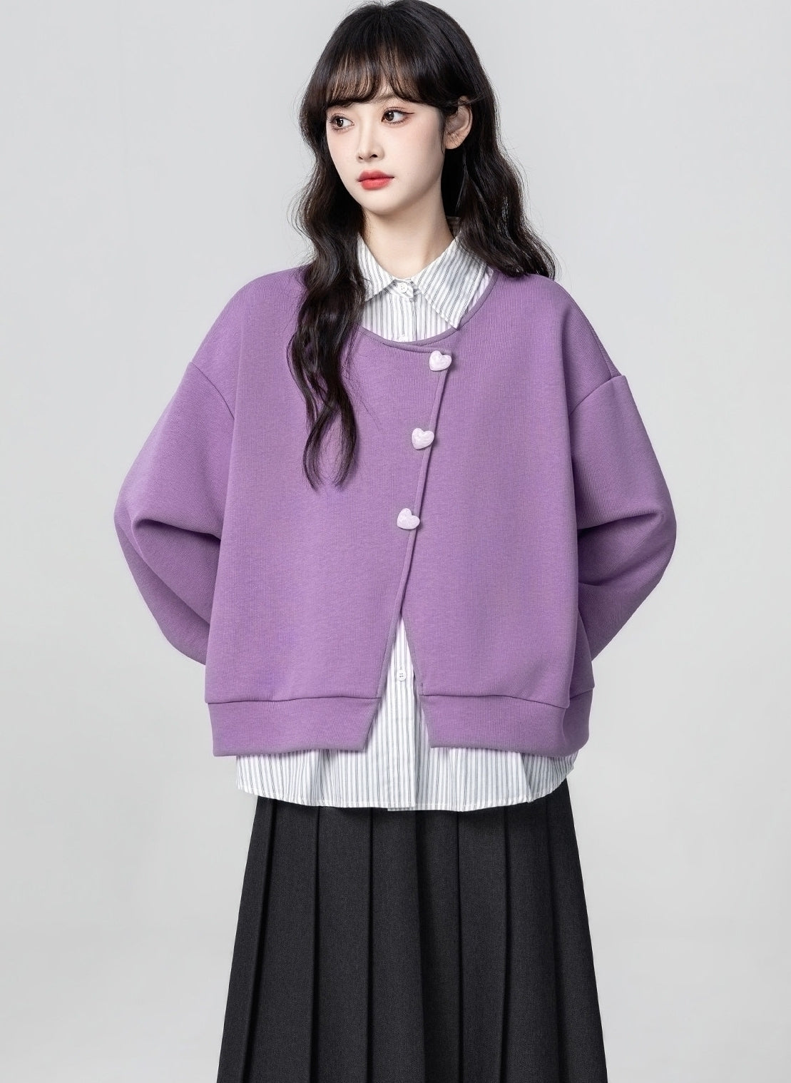 Purple Striped Collar Pullover Sweatshirt Top