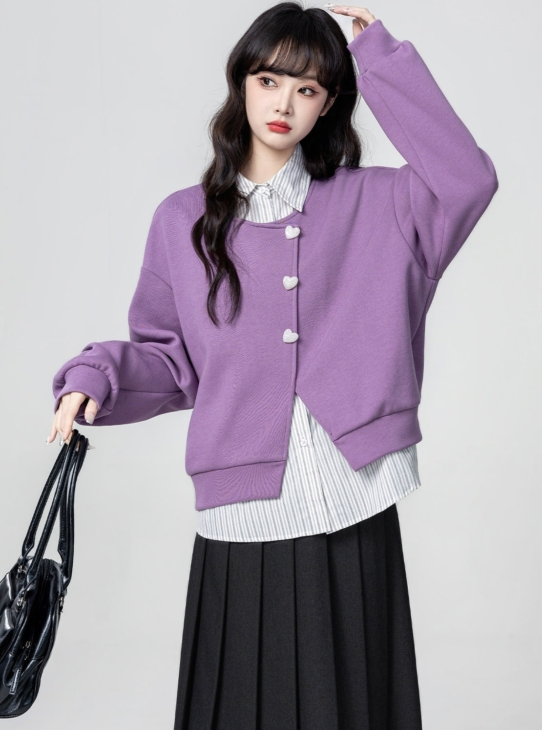 Purple Striped Collar Pullover Sweatshirt Top