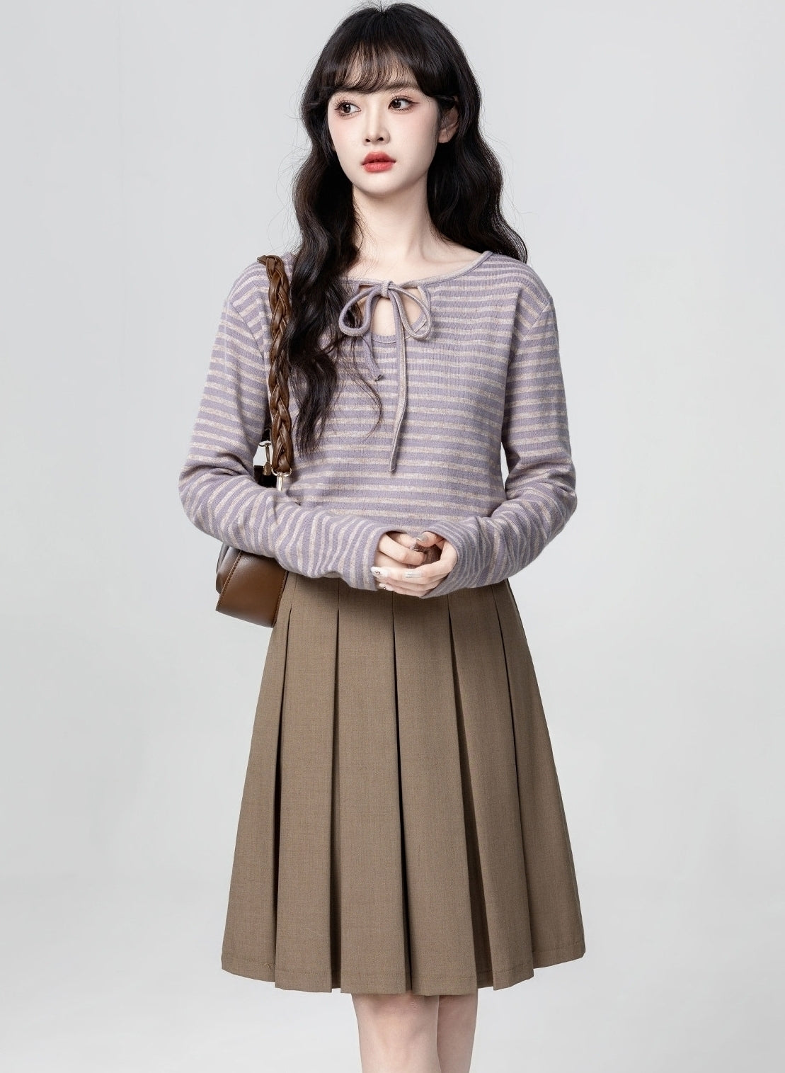 Purple Striped Long Sleeve Bow Tie Top