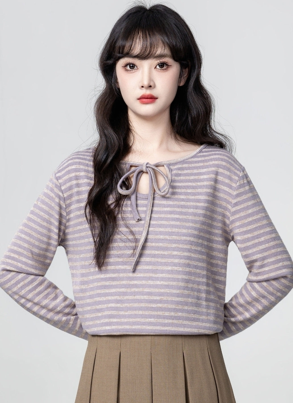 Purple Striped Long Sleeve Bow Tie Top