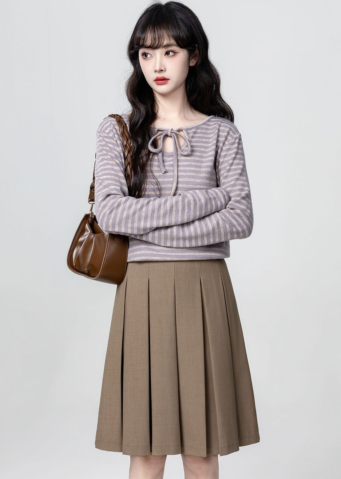 Purple Striped Long Sleeve Bow Tie Top