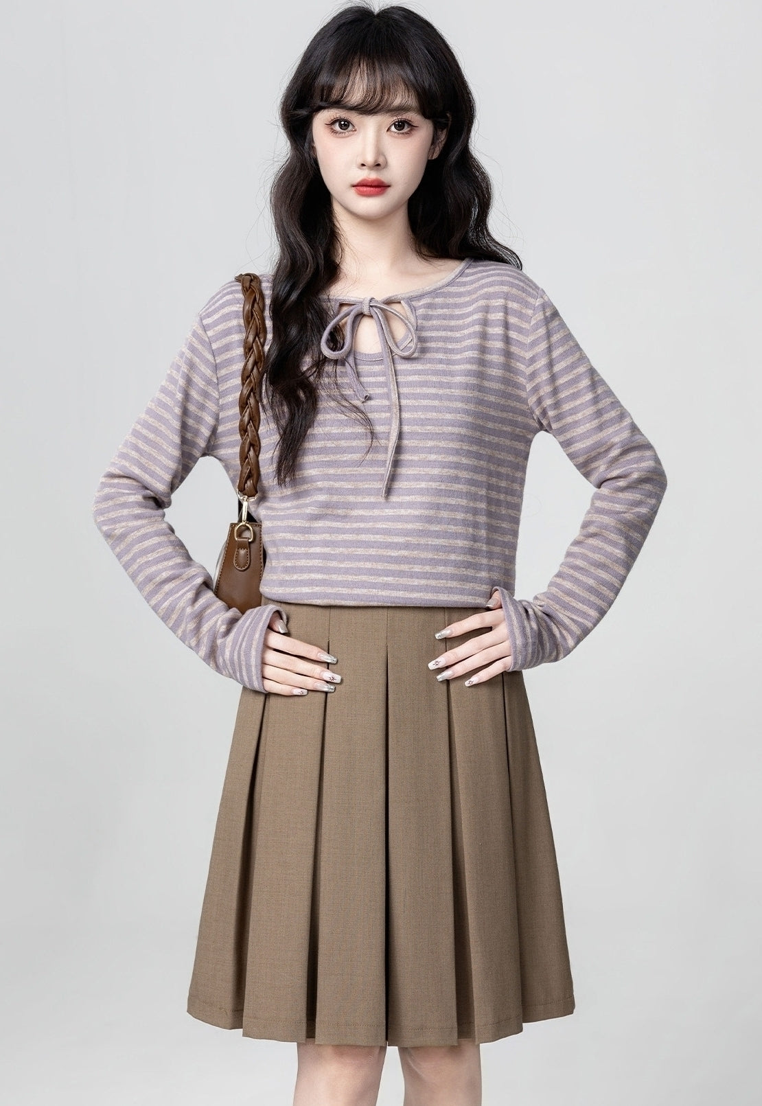 Purple Striped Long Sleeve Bow Tie Top