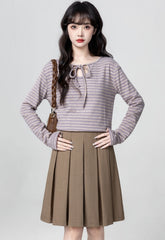 Purple Striped Long Sleeve Bow Tie Top