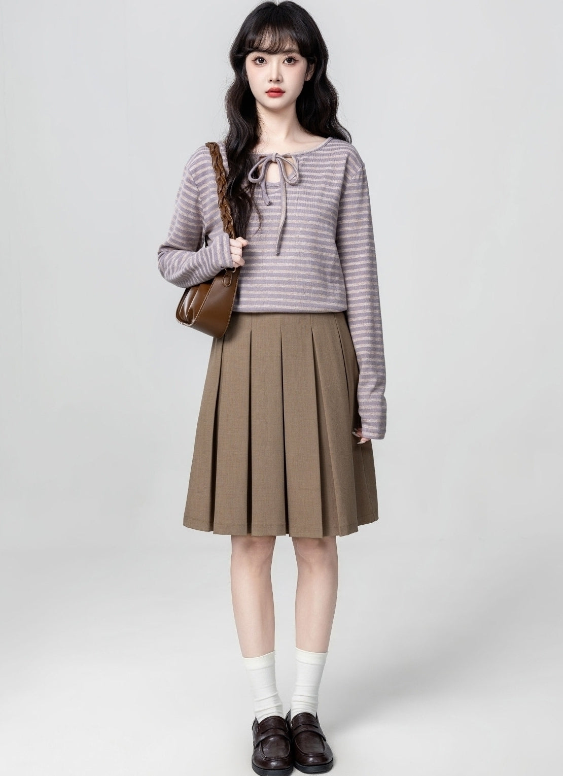 Purple Striped Long Sleeve Bow Tie Top