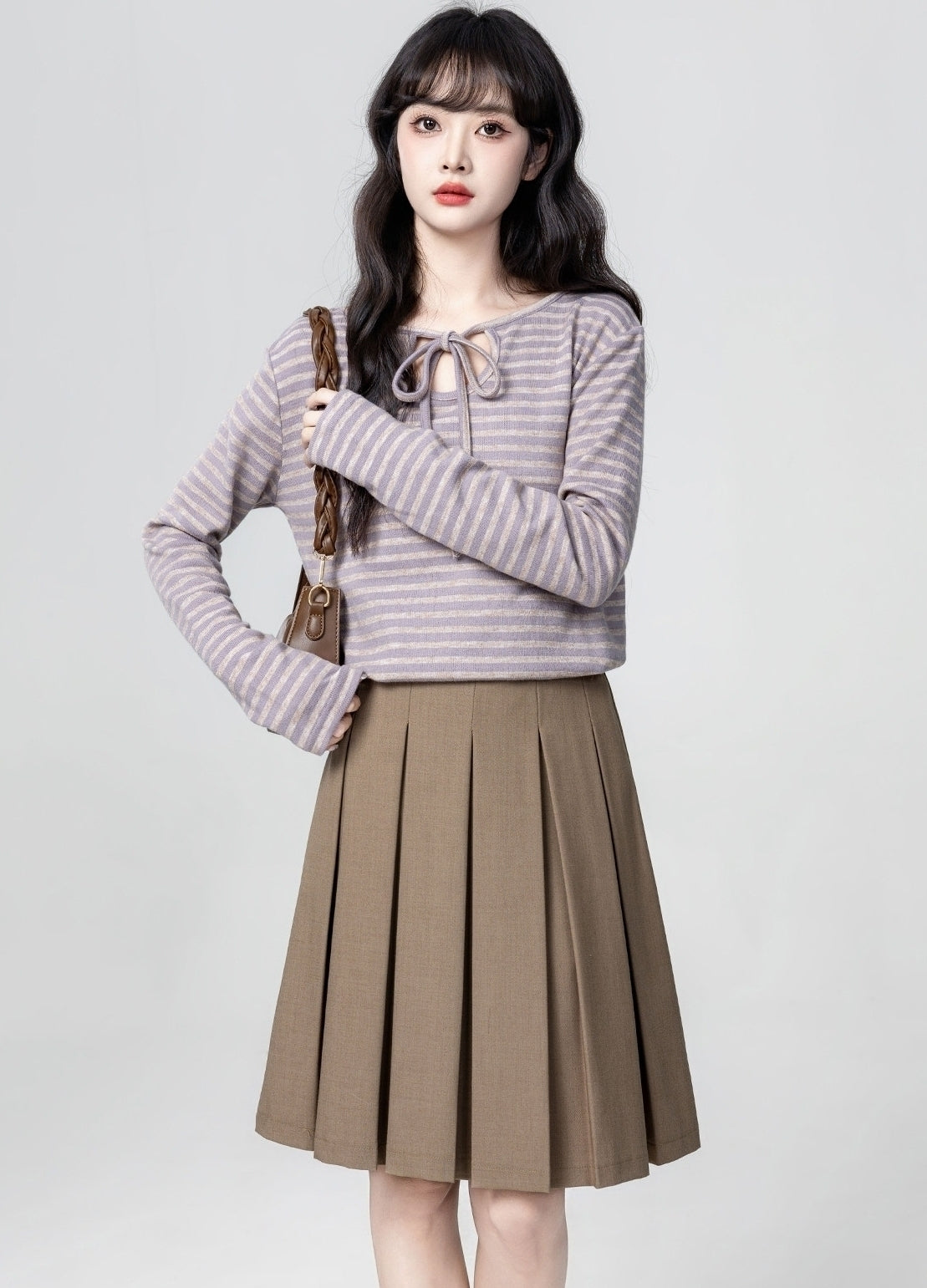 Purple Striped Long Sleeve Bow Tie Top